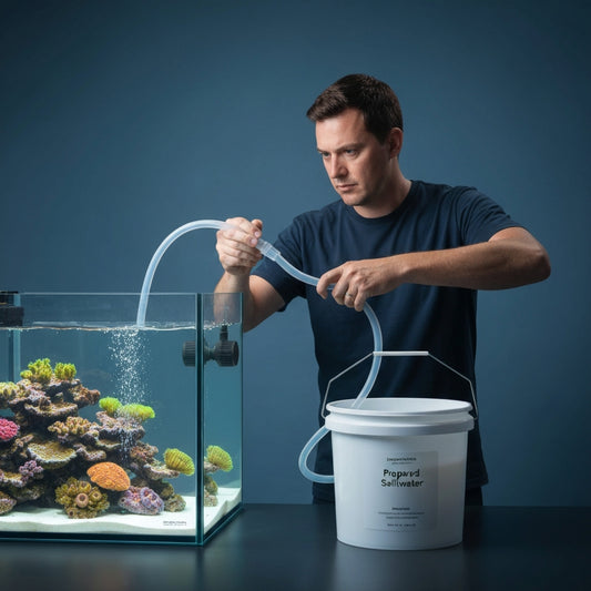 Acuarista realizando un cambio de agua en un acuario marino de arrecife con sifón y cubo de agua salada preparada