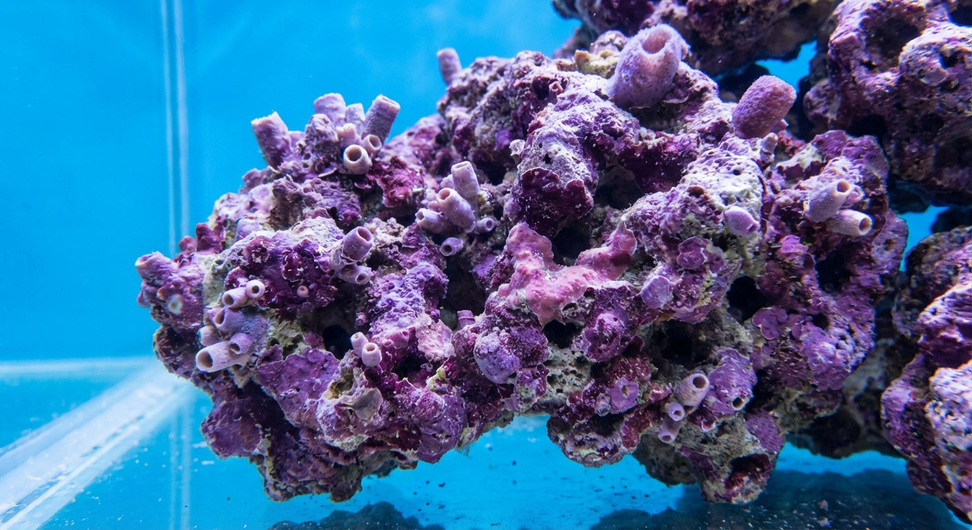 Purple coralline-covered live rock in a saltwater aquarium