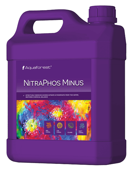 Envase morado AQUAFOREST NitraPhos Minus, reductor nitratos fosfatos acuario arrecife.